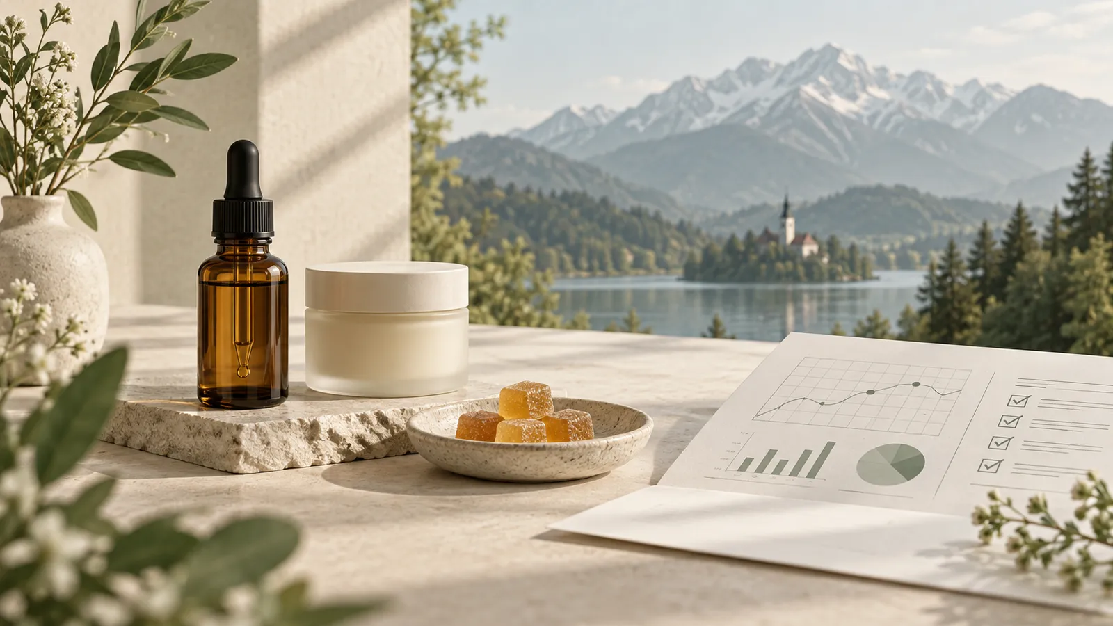 スロベニアの山景色を背景に、無地のCBD製品容器とグミ、分析資料を並べた静物画