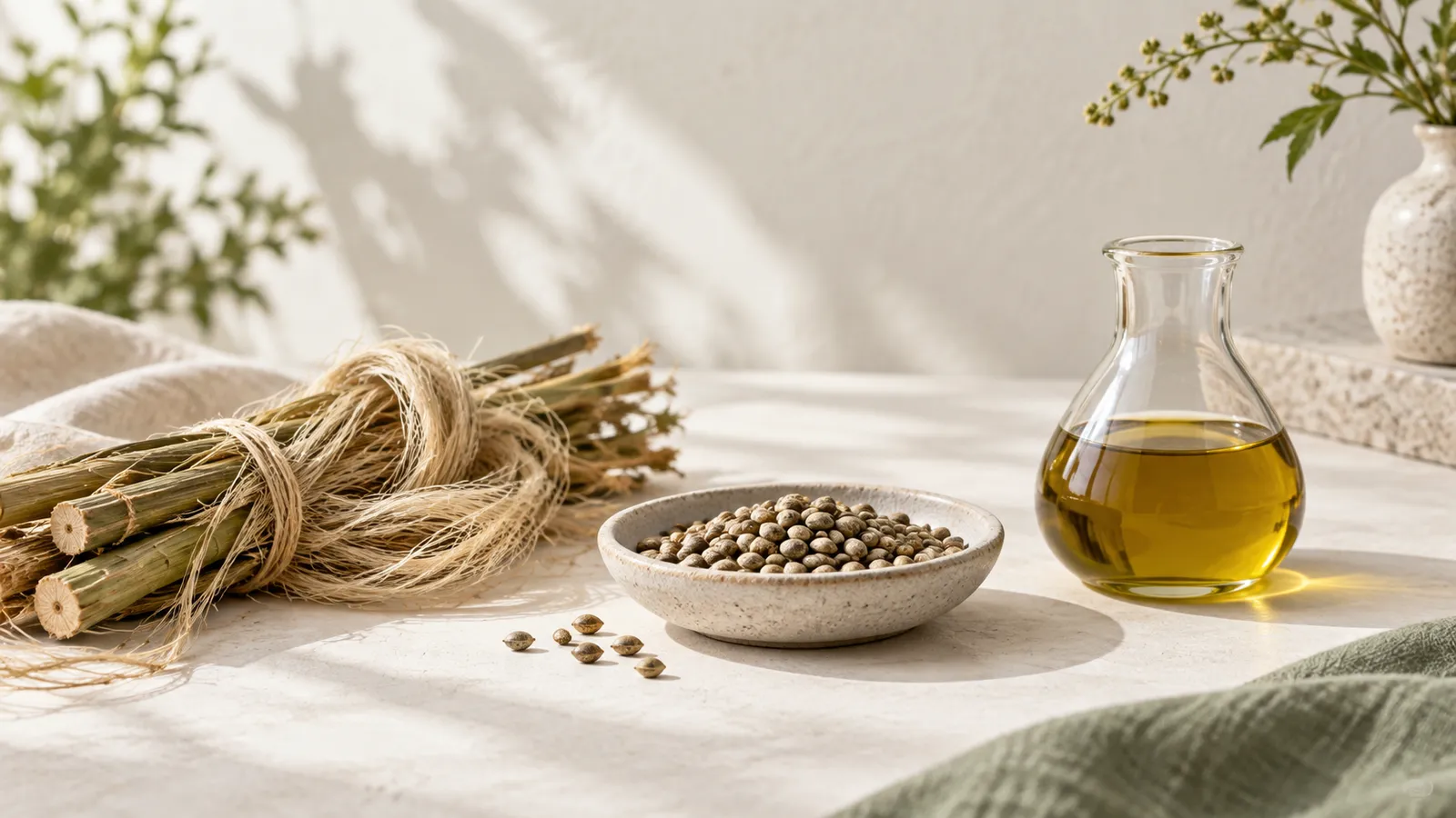 麻の茎と繊維、ヘンプシード、琥珀色の植物オイルを別々に並べた明るい比較静物のイラスト